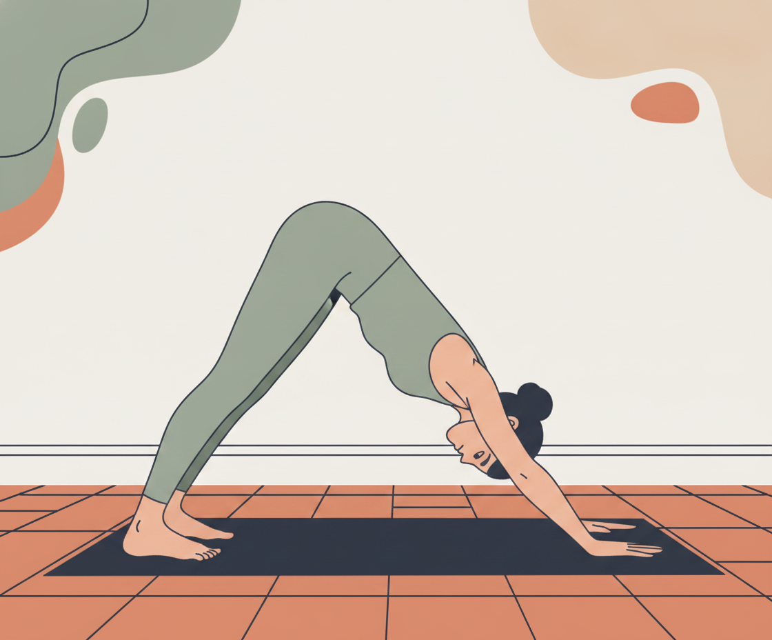 Illustration einer Frau in Herabschauendem Hund (Adhomukha Shvanasana) mit geöffnetem Brustraum