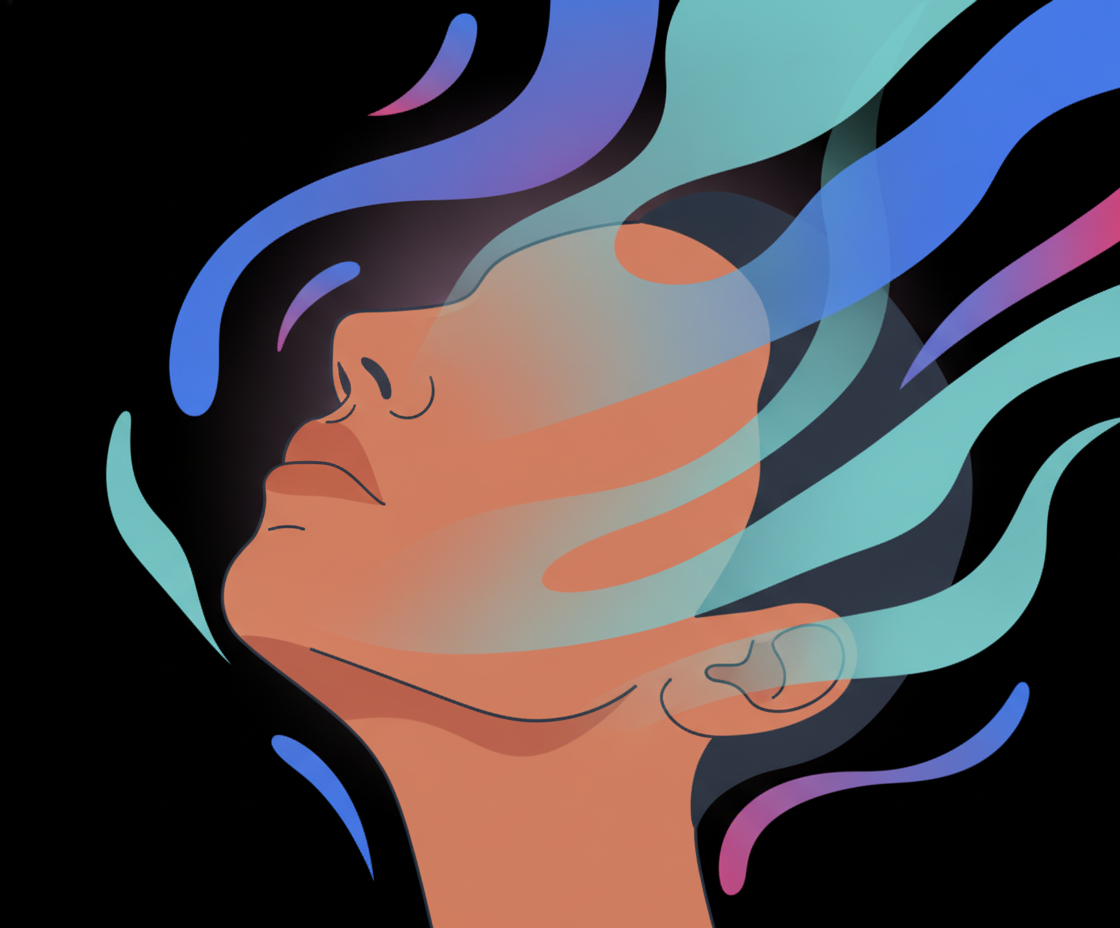 Illustration einer Person in Meditation mit leuchtenden Herzchakra-Symbolen, umgeben von warmem Licht