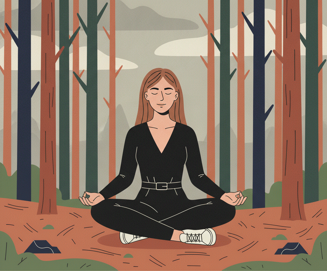 Illustration of a woman in a meditative posture with closed eyes on a yoga mat