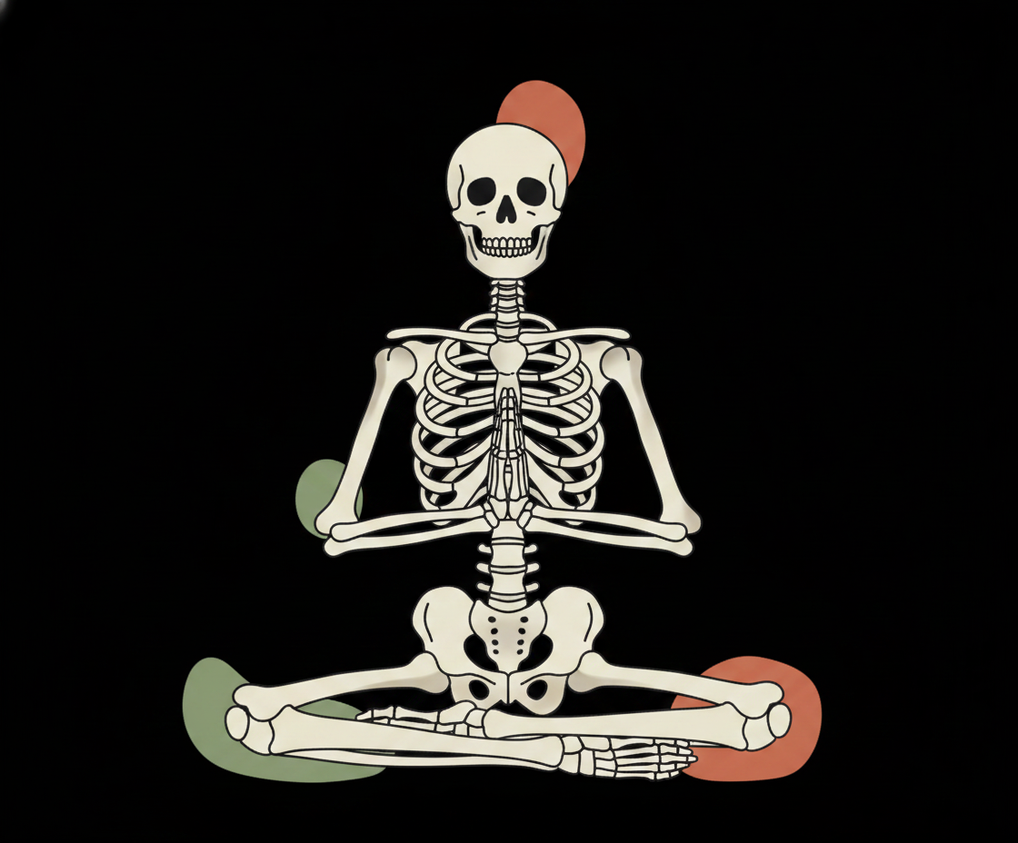 Illustration of a relaxed man in an upright seated posture, hand on chest, with glowing nerve pathways along the spine