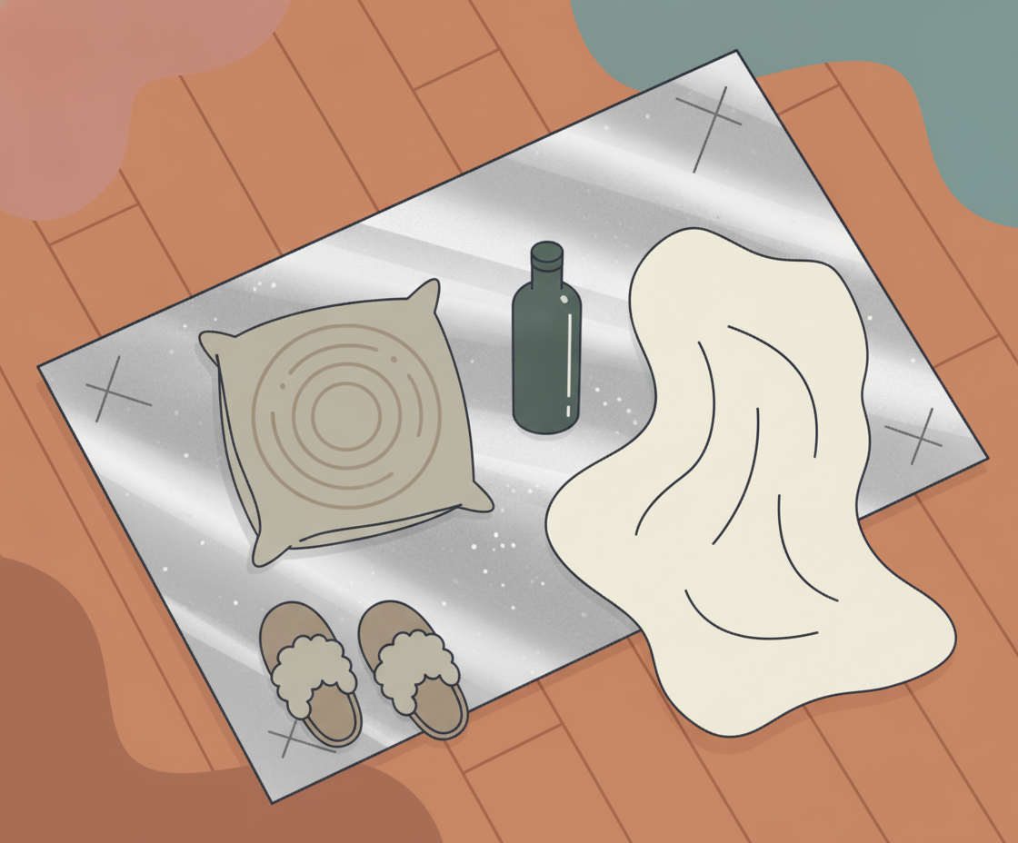 Stillleben: Yoga-Bolster, Decke und Kerze auf dunklem Boden arrangiert, warmes Kerzenlicht schafft ruhige Savasana-Atmosphäre