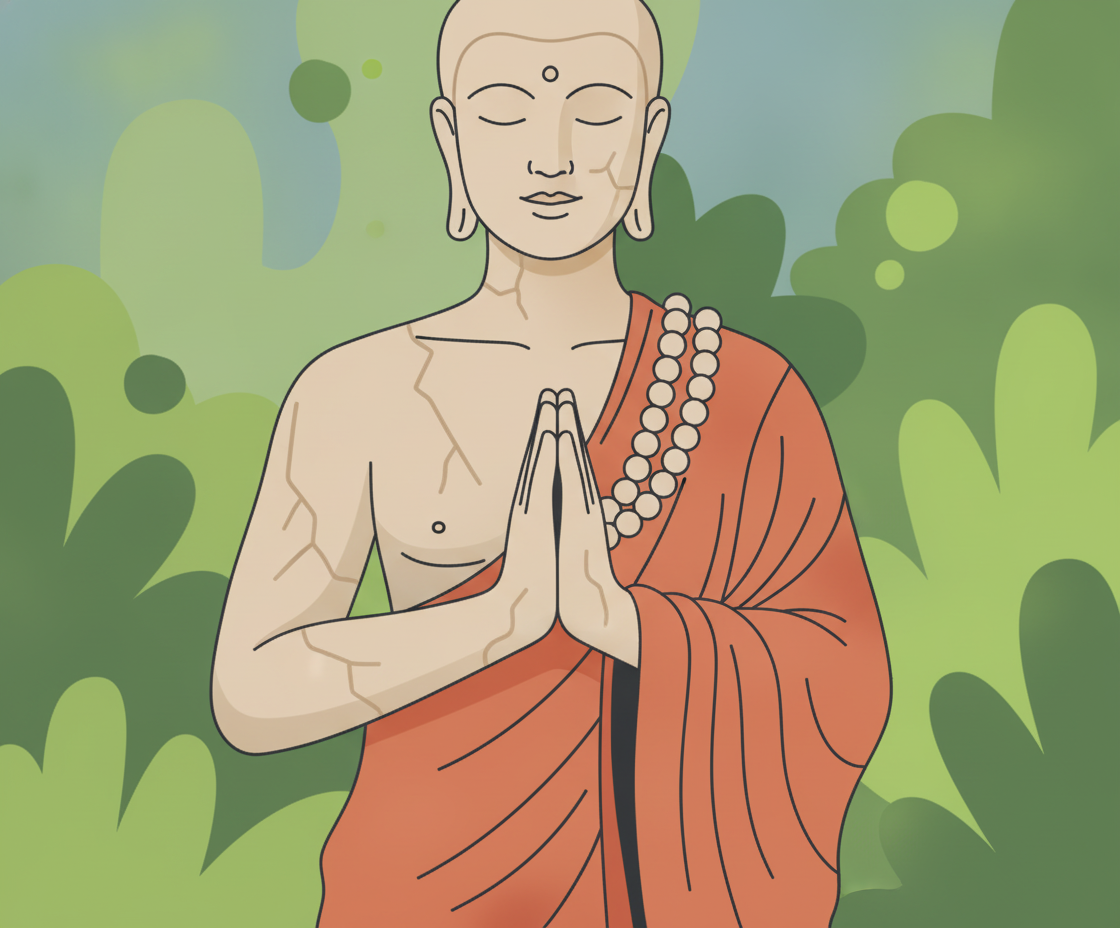 Illustration of hands in a devotional mudra position, palms pressed together at the heart center with gentle fingers, warm golden light illuminating the gesture