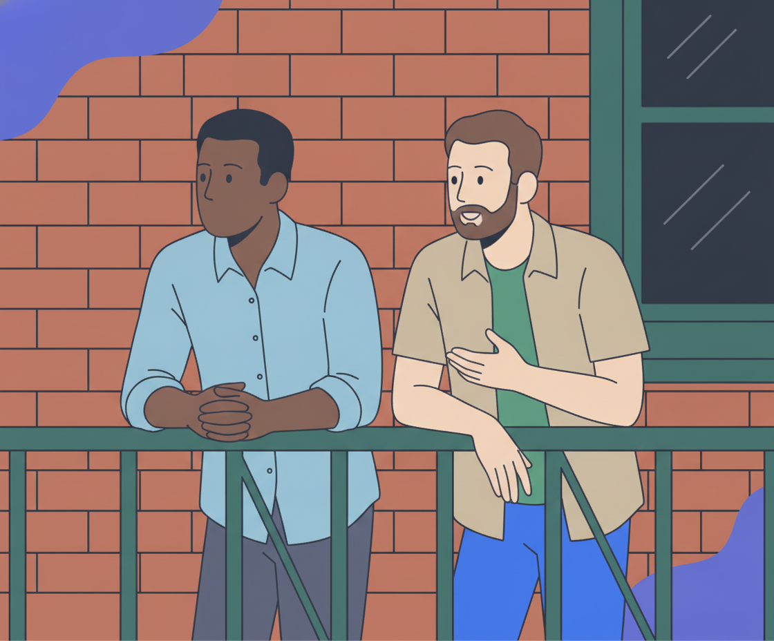 Illustration von zwei Personen in offenem Gesprächsaustausch, eine sitzt aufrecht, die andere lehnt sich empathisch zu, in warmer Beleuchtung
