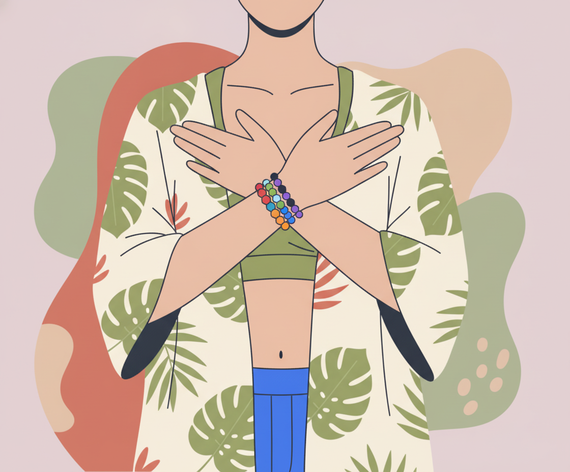 Illustration einer Frau bei einer Atemübung im Sitzen mit Hand auf der Brust, konzentrierter Ausdruck