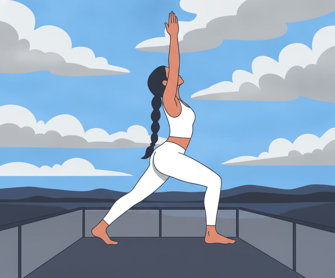 Illustration einer Frau in aufrechter Yogaposition mit ausgestreckten Armen, umgeben von Energielinien