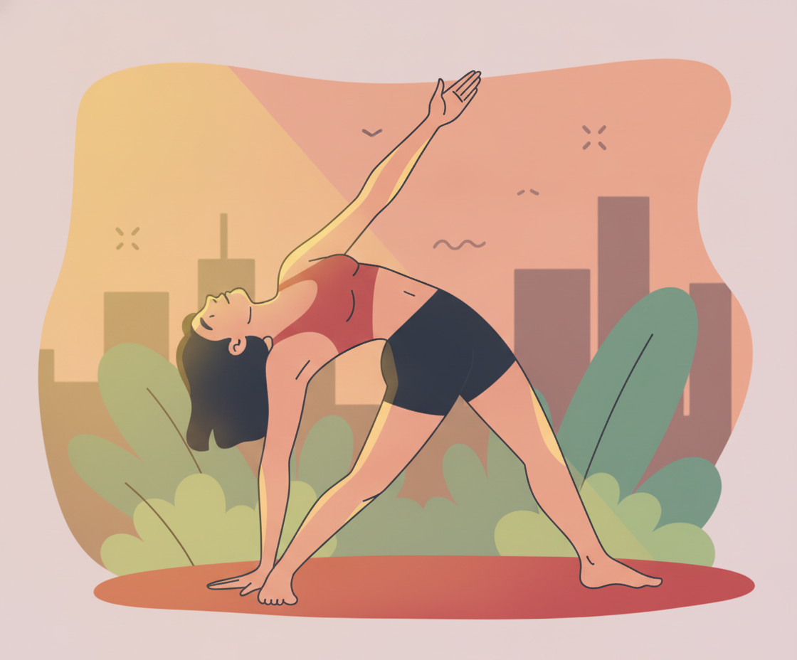 Illustration of a person in a heart-opening backbend pose on a yoga mat, chest lifted toward the sky, arms extended beside the body, in a peaceful indoor space