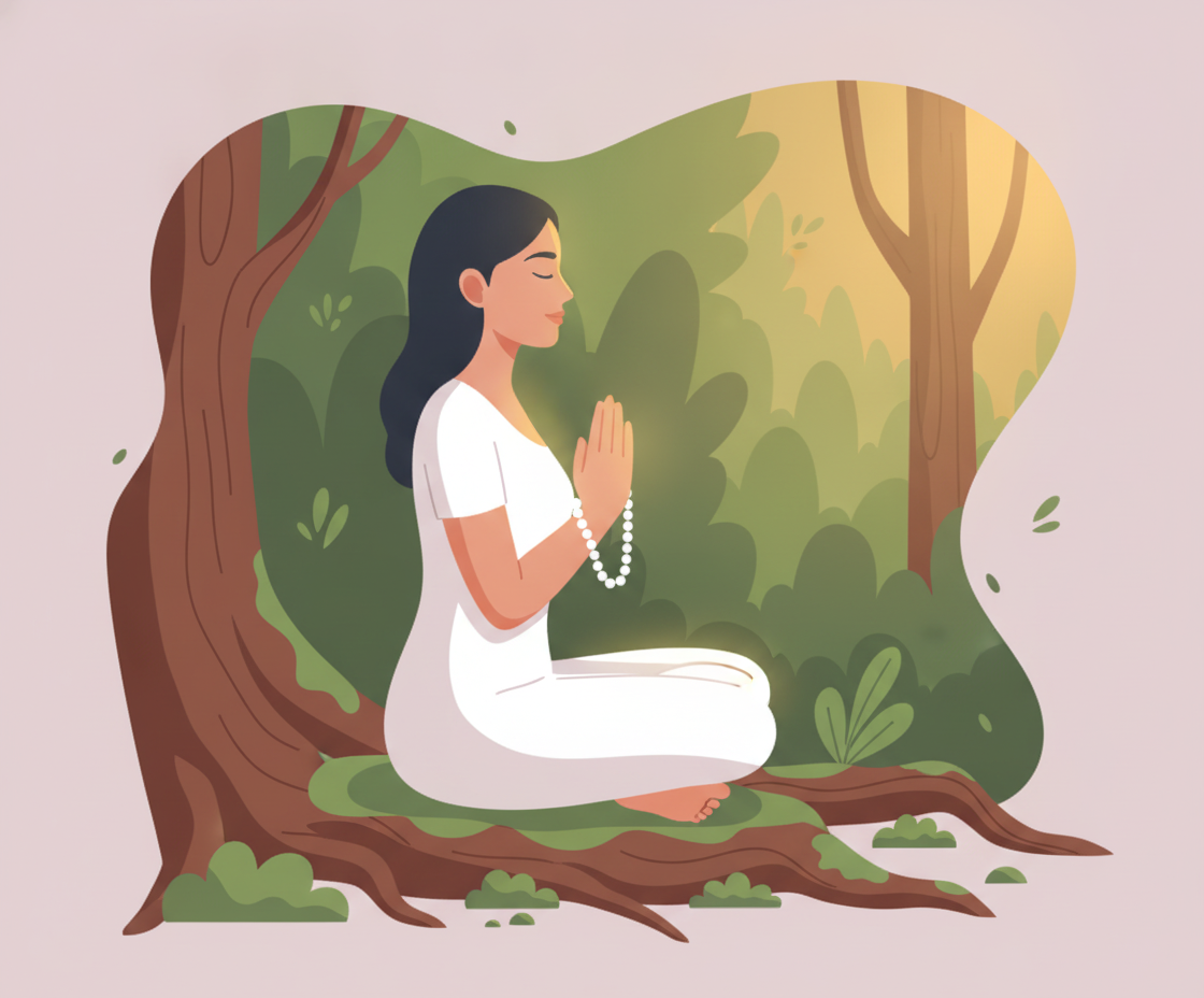 Illustration einer Frau in sitzender Meditationshaltung mit geschlossenen Augen und ruhigem Gesichtsausdruck