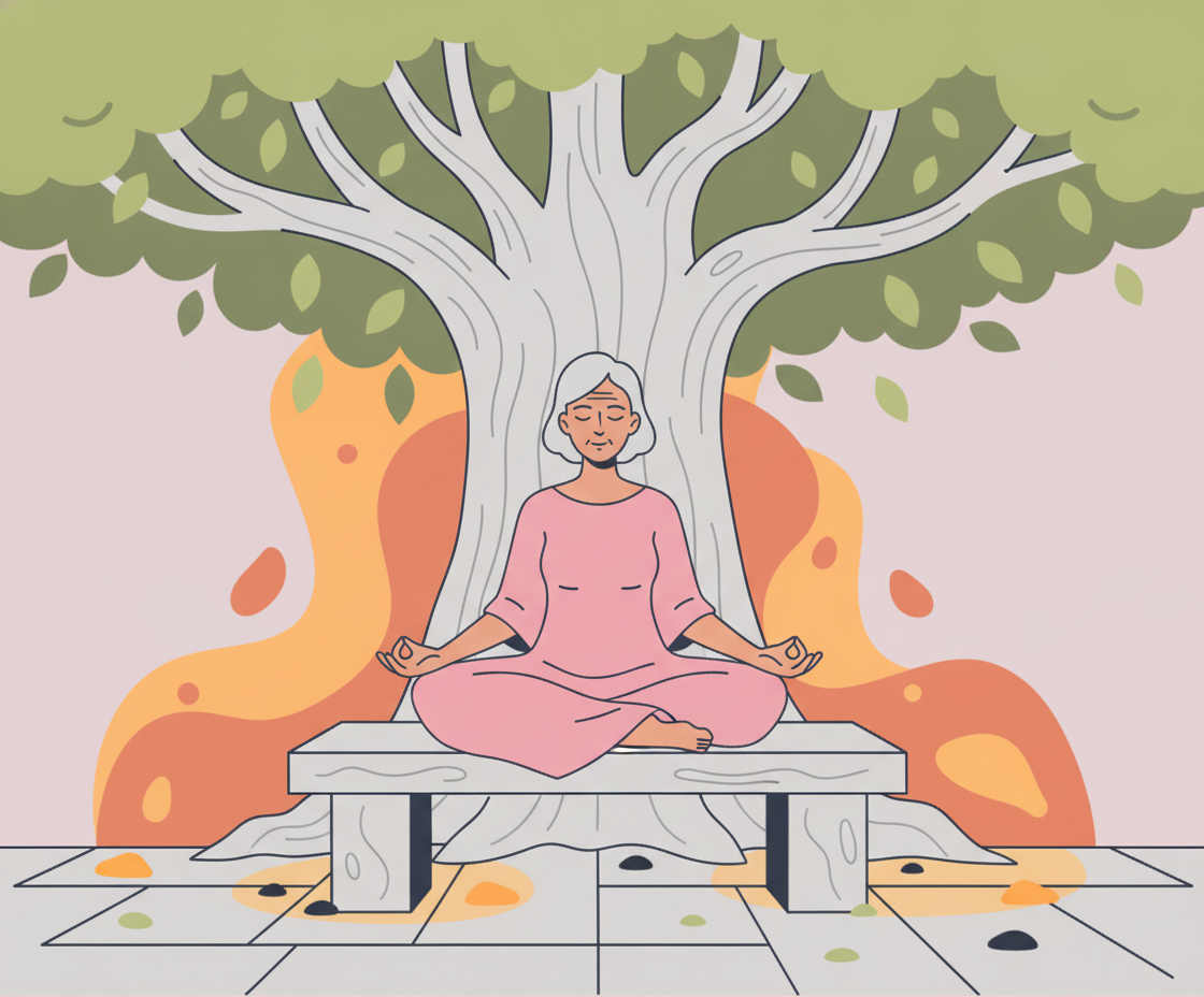 A flat-art illustration of an elderly woman in a pink dress meditating on a bench under a large tree. Pink background with