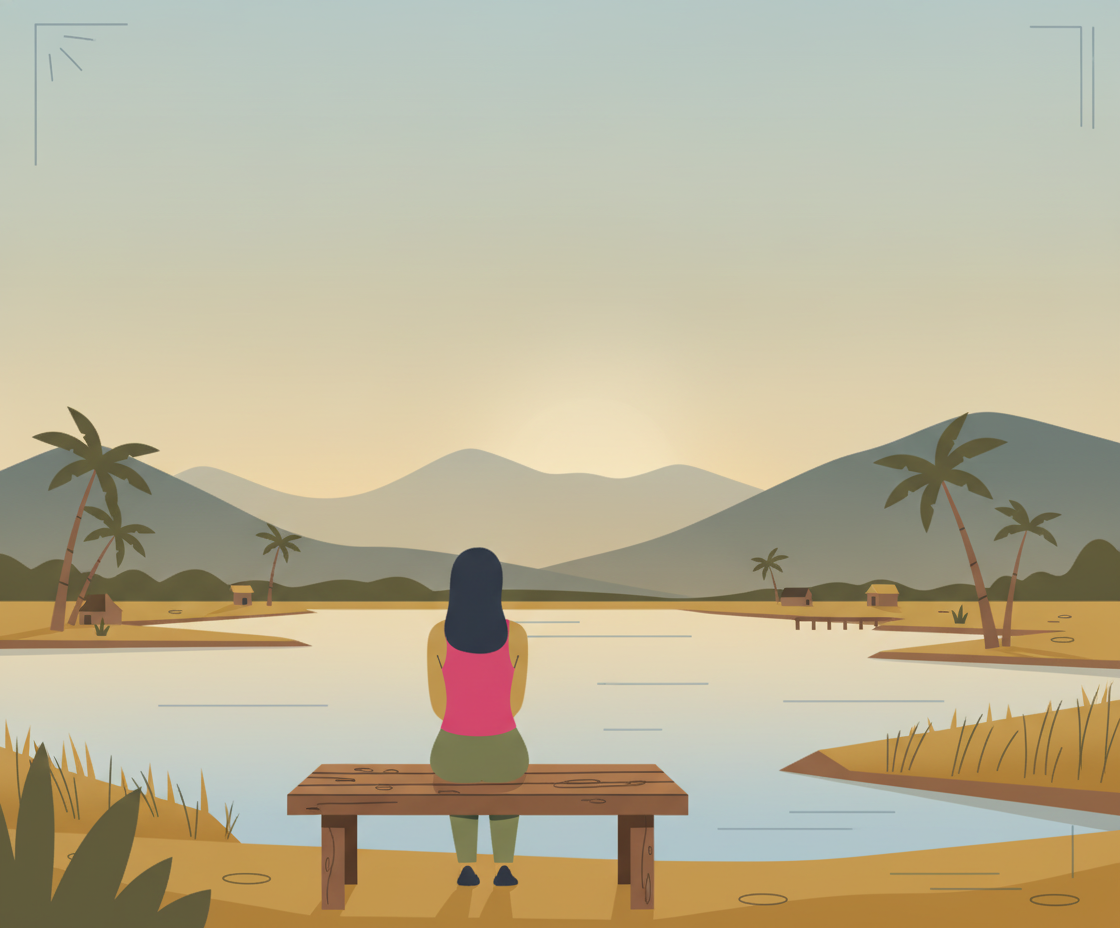 Illustration einer Person in aufrechter Sitzhaltung im Freien bei goldenem Sonnenuntergang, umgeben von Bäumen und Naturlicht