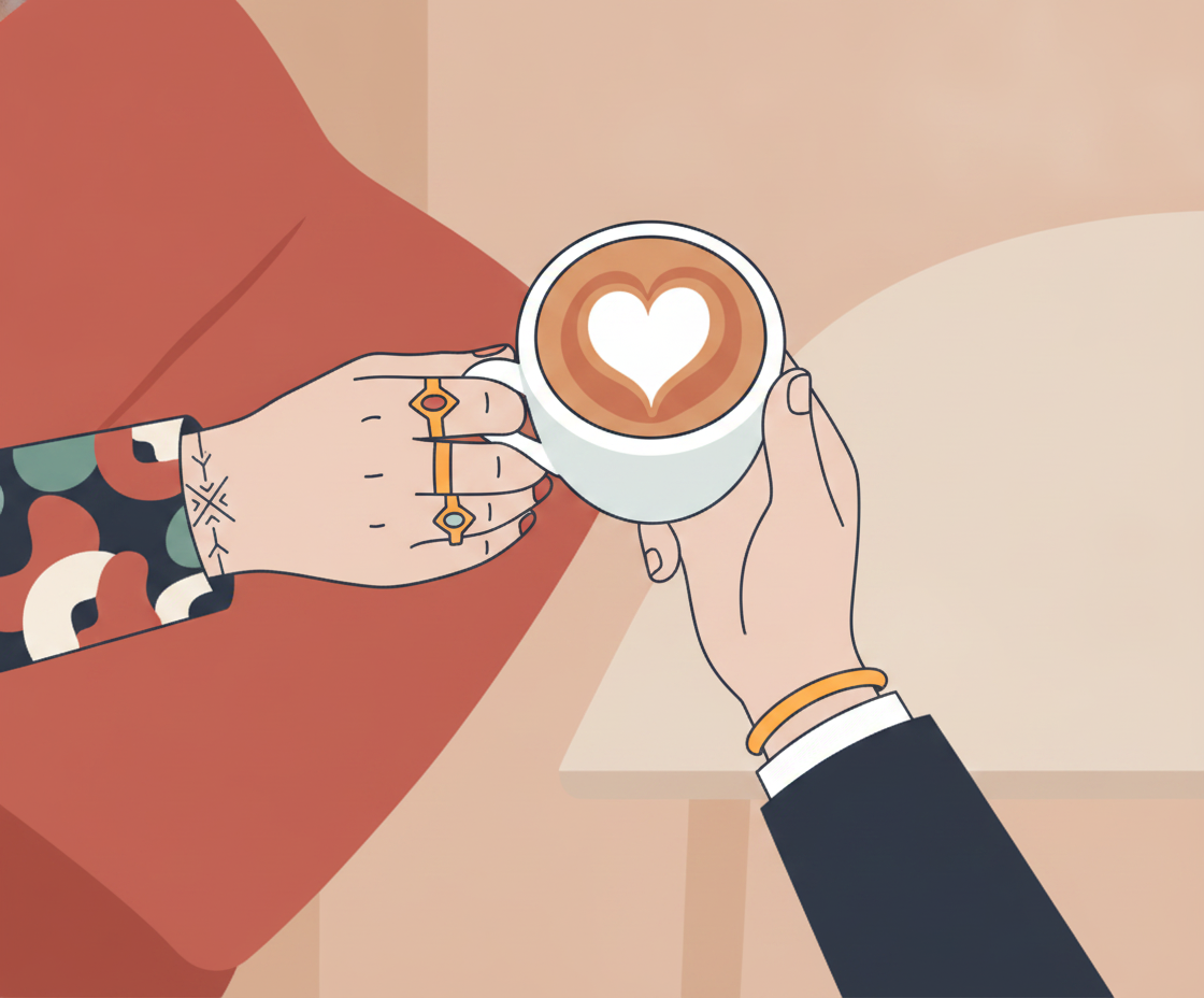 Illustration einer Person hält eine Tasse zeremonieller Kakao in beiden Händen, Herzchakra-Strahlung