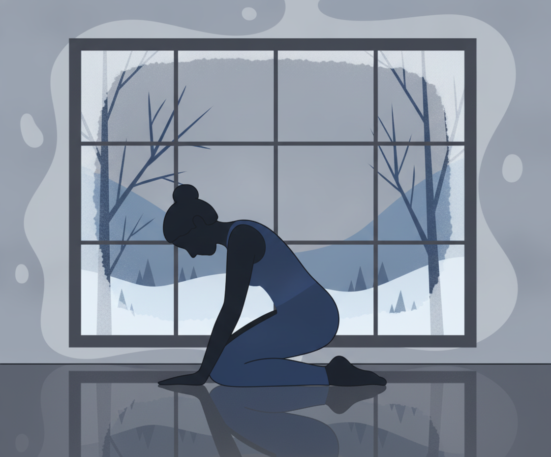 Illustration einer Person in Sukhasana auf Yogamatte bei Fenster mit natürlichem Licht, ruhig und präsent