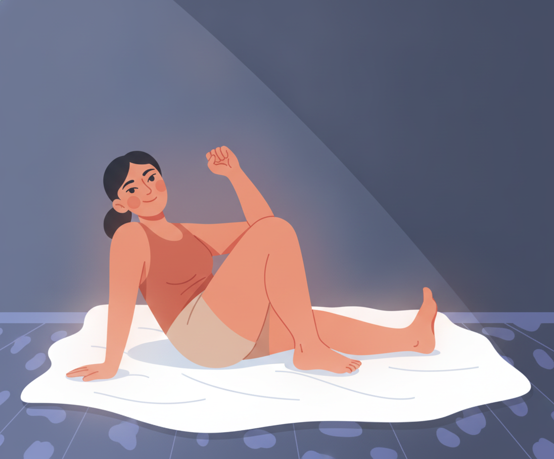 Smiling woman in orange top and shorts sits on white mat. Right arm bent, fist up, left arm resting. Diagonal light beam