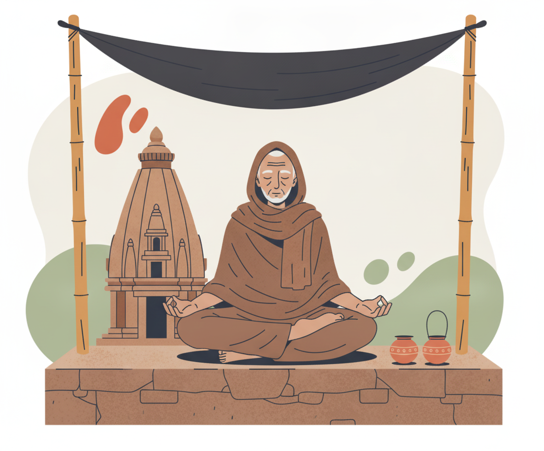 A flat art illustration shows a person with gray hair and a brown robe sitting cross legged in meditation on a stone