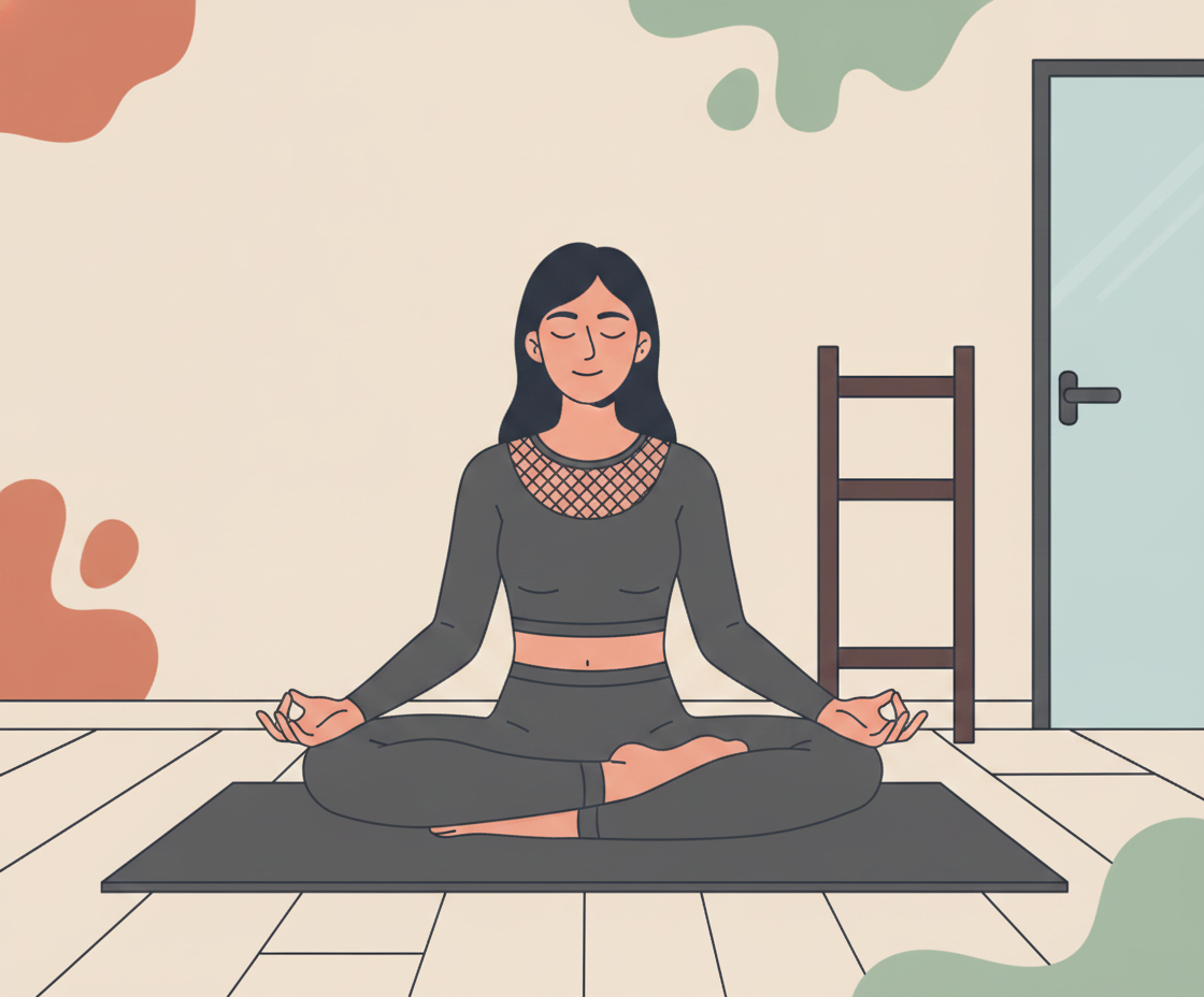 Illustration einer Frau in Padmasana-Lotussitz auf Yogamatte, die Hände in Chin Mudra, Lichtstrahlen umgeben sie