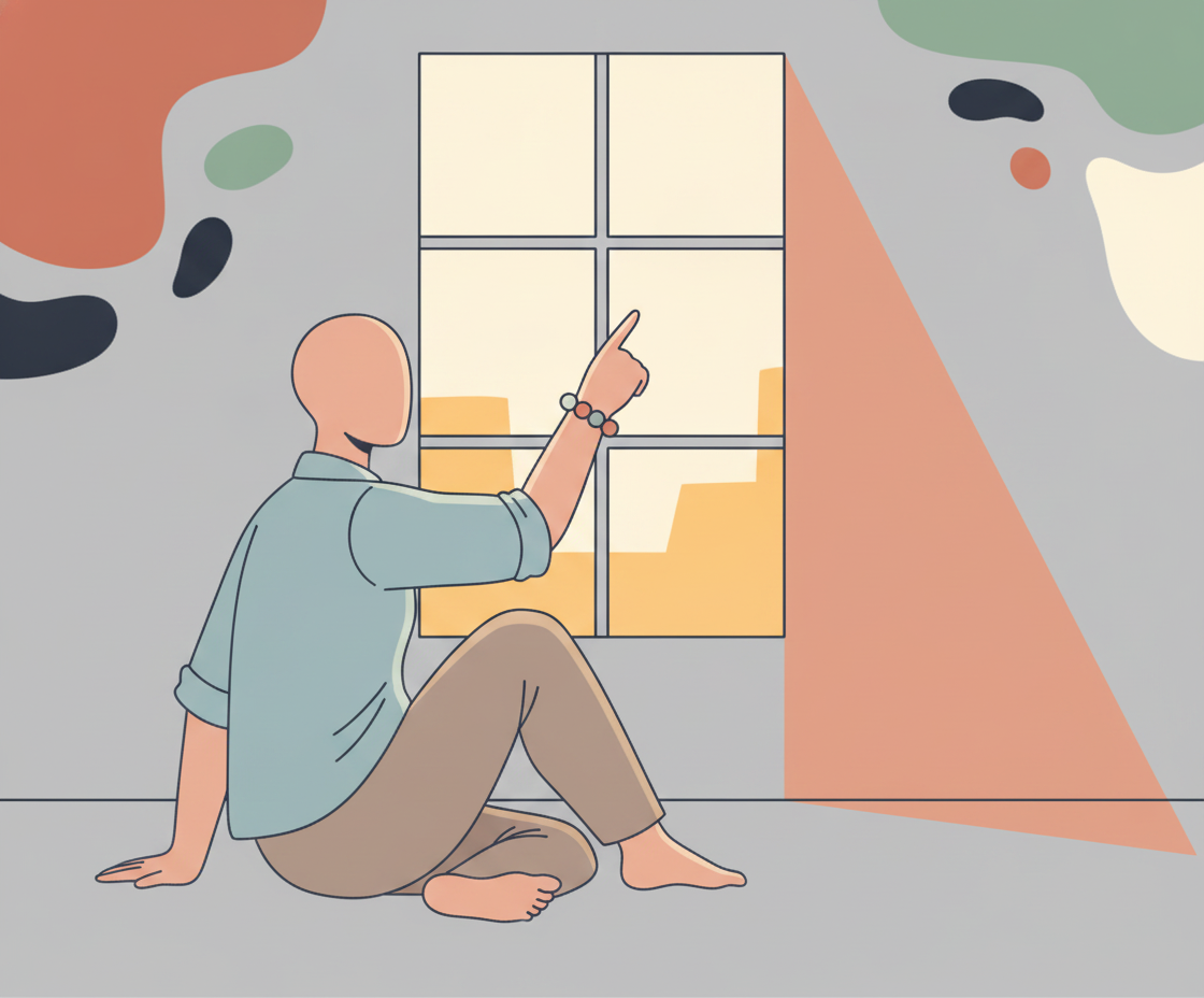 Illustration einer Person, die aufrecht in Easy Pose sitzt und zum Fenster schaut, Gedankenblasen zeigen Fragen-Symbole, Naturlicht strömt herein
