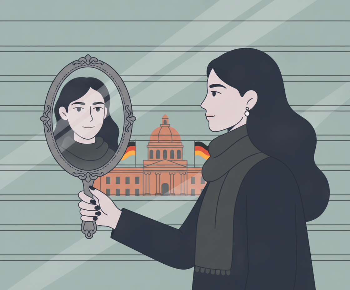 Illustration einer Frau, die in einem Raum vor dem Spiegel steht und nachdenklich ihr Spiegelbild betrachtet, symbolisch für Selbsterkenntnis