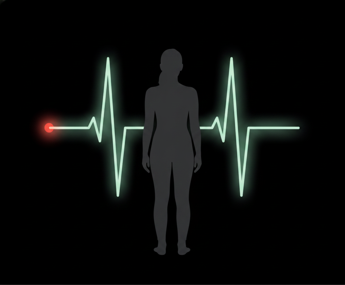 Illustration einer Person in stehender Haltung mit leuchtenden Chakren entlang der Wirbelsäule, umgeben von spiralförmigen Energieströmungen
