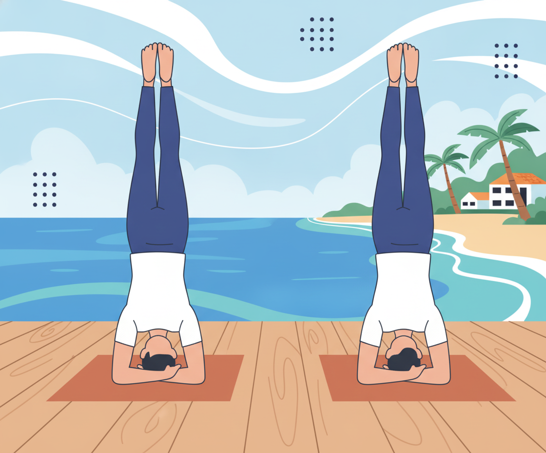 Illustration einer Person in Sirsasana-Kopfstand, aufrecht in Umkehrhaltung auf Yogamatte in minimalistischem Studio