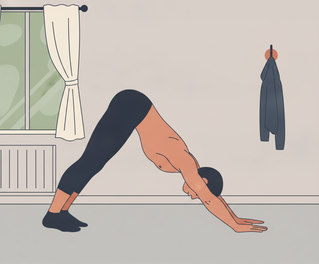 Illustration of a man in Adhomukha Shvanasana (Downward-Facing Dog) with correct alignment