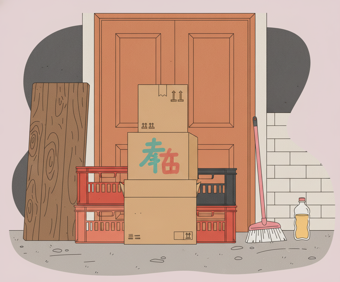 Illustration von aufgestapelten Objekten, Konsumgütern und Besitztümern in minimalistischer Flat-Art