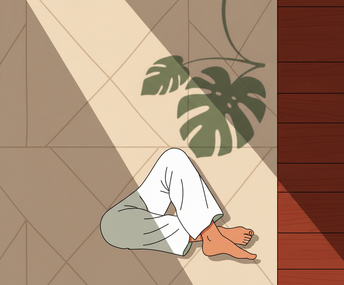 A flat-art illustration shows a person's lower body with bent legs and bare feet on a tiled floor. Light pants cover the