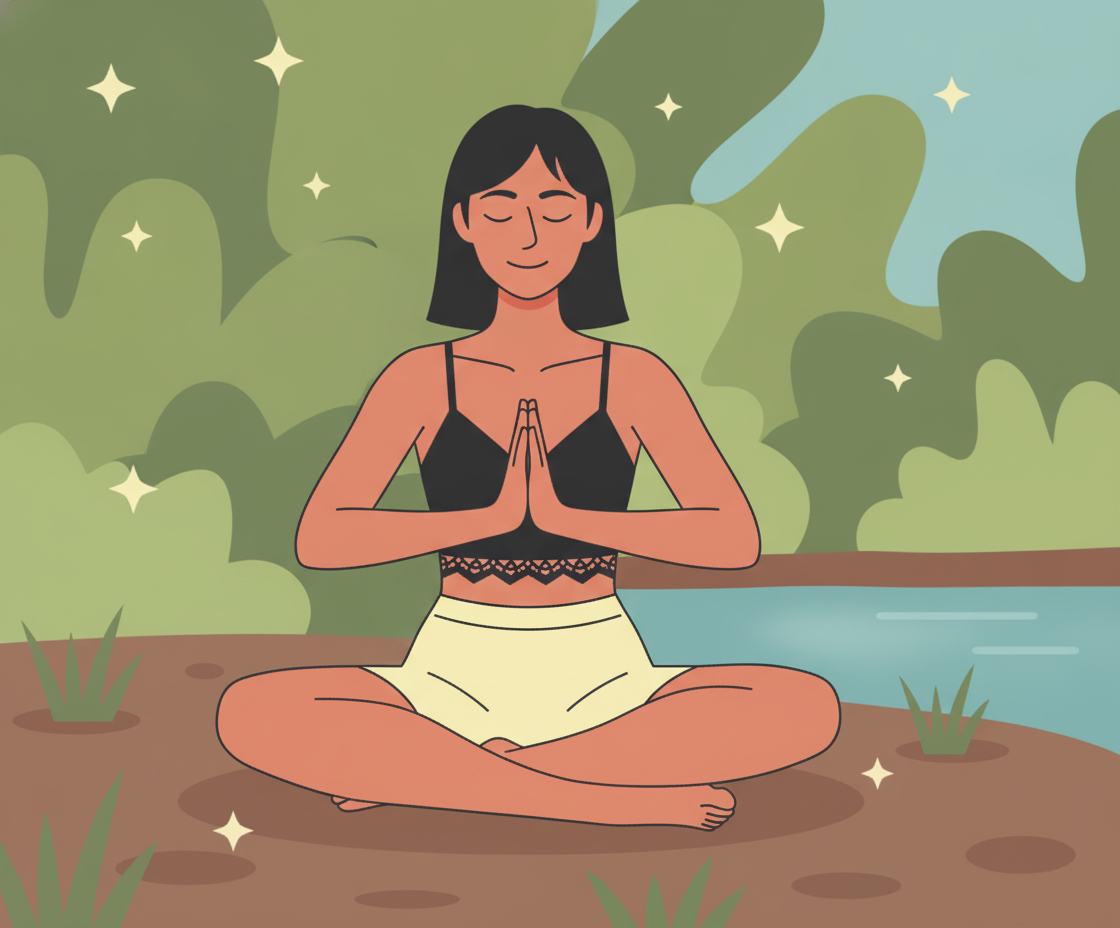 Illustration of a woman in Tadasana (Mountain Pose) with an upright body posture on a yoga mat