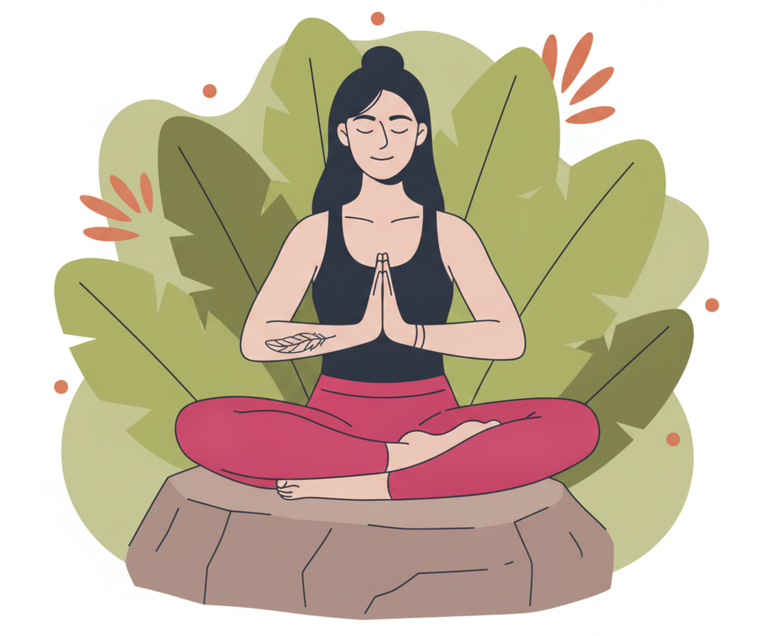 A woman meditating cross-legged on a rock, hands in prayer, eyes closed. She wears a black top, red pants. Green leaves are
