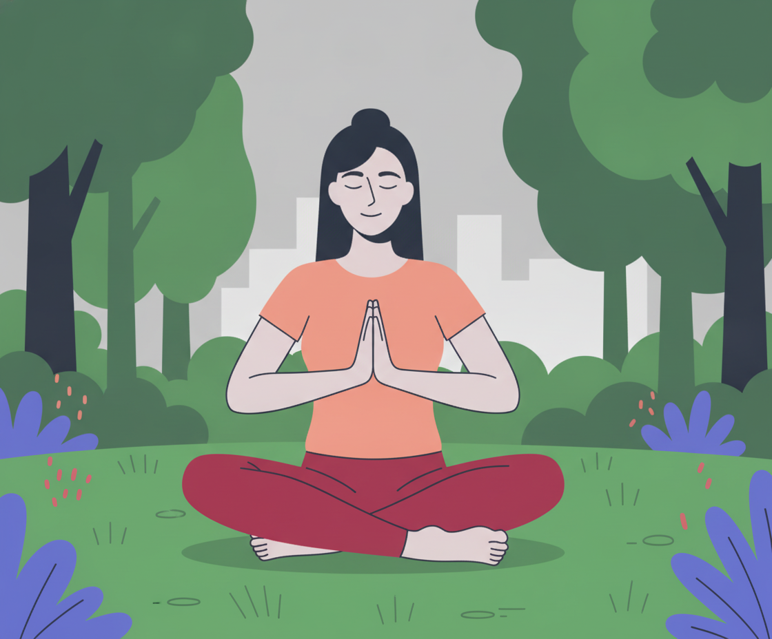 Illustration dreier Personen in verschiedenen Meditationshaltungen nebeneinander: Fersensitz, Schneidersitz und Lotussitz