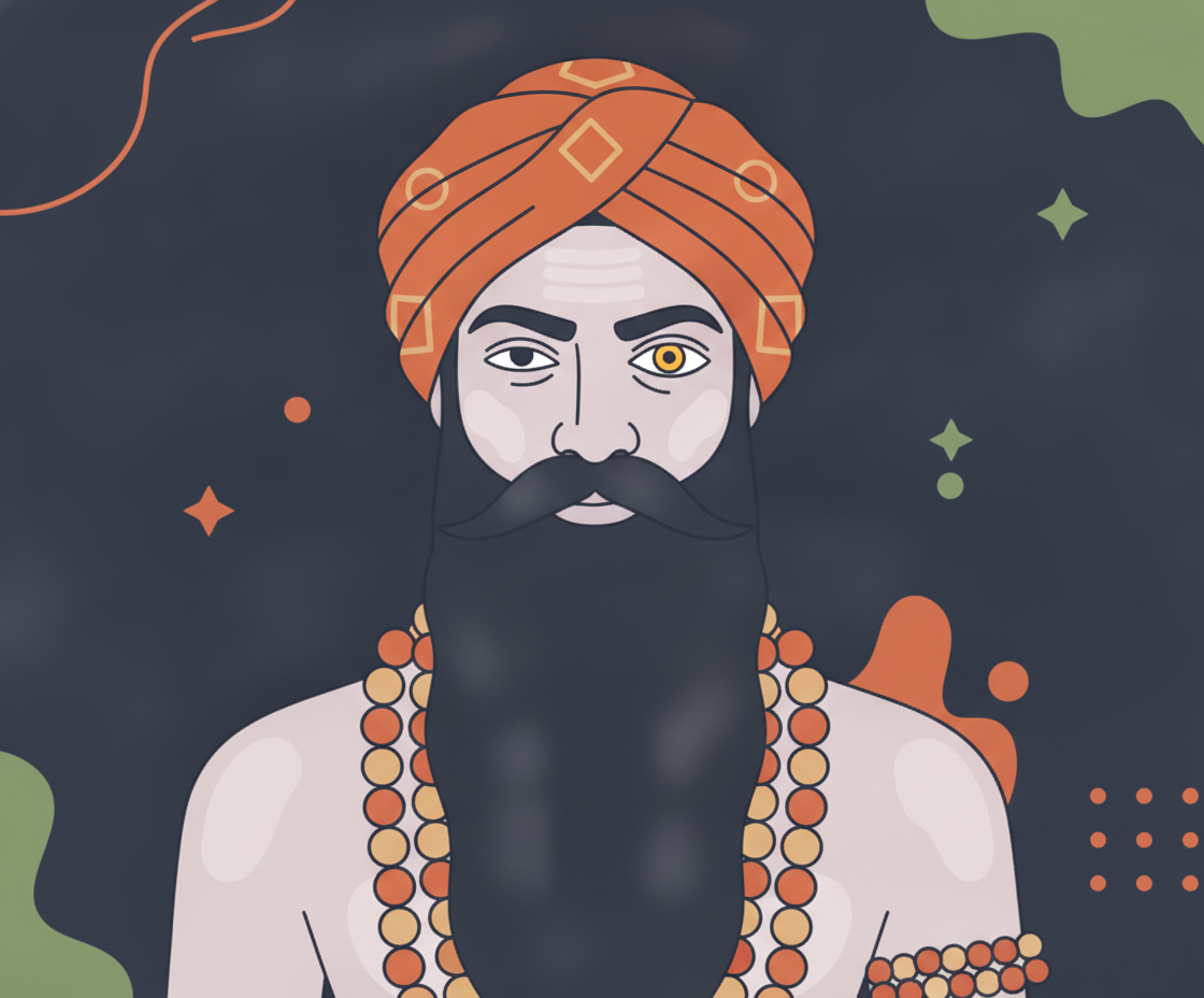 Illustration einer antiken Yoga-Szene: Ein Sadhu meditiert barfuß im Schneidersitz unter einem großen Baum in der Waldeinsamkeit