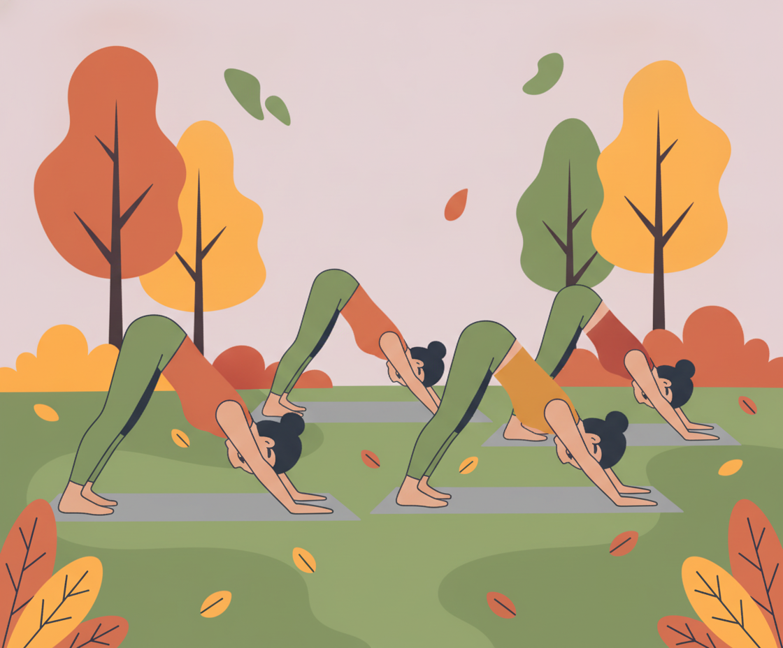 Illustration einer Gruppe von Yogaschülern in einer Open-Air-Session im Park, gemeinsam in Downward Dog