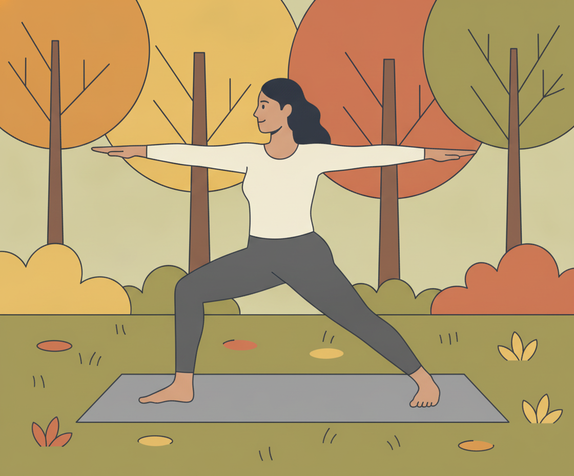 Illustration einer Frau in Warrior-Pose auf einer Yogamatte unter freiem Himmel mit Bäumen und natürlichem Licht