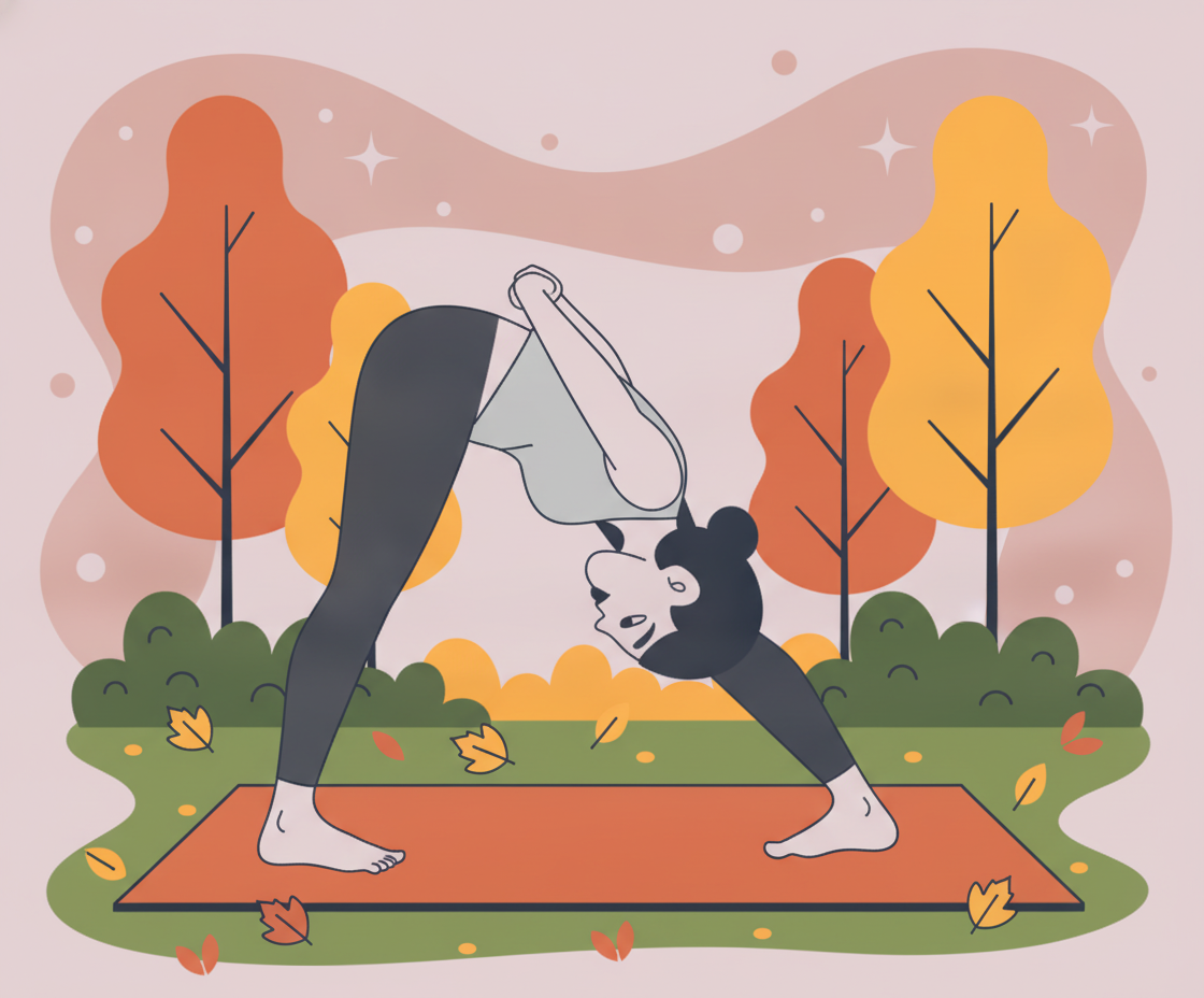 Illustration einer Person in stehender Vorbeuge-Position auf Yogamatte vor großem Fenster mit Naturaussicht und Tageslicht