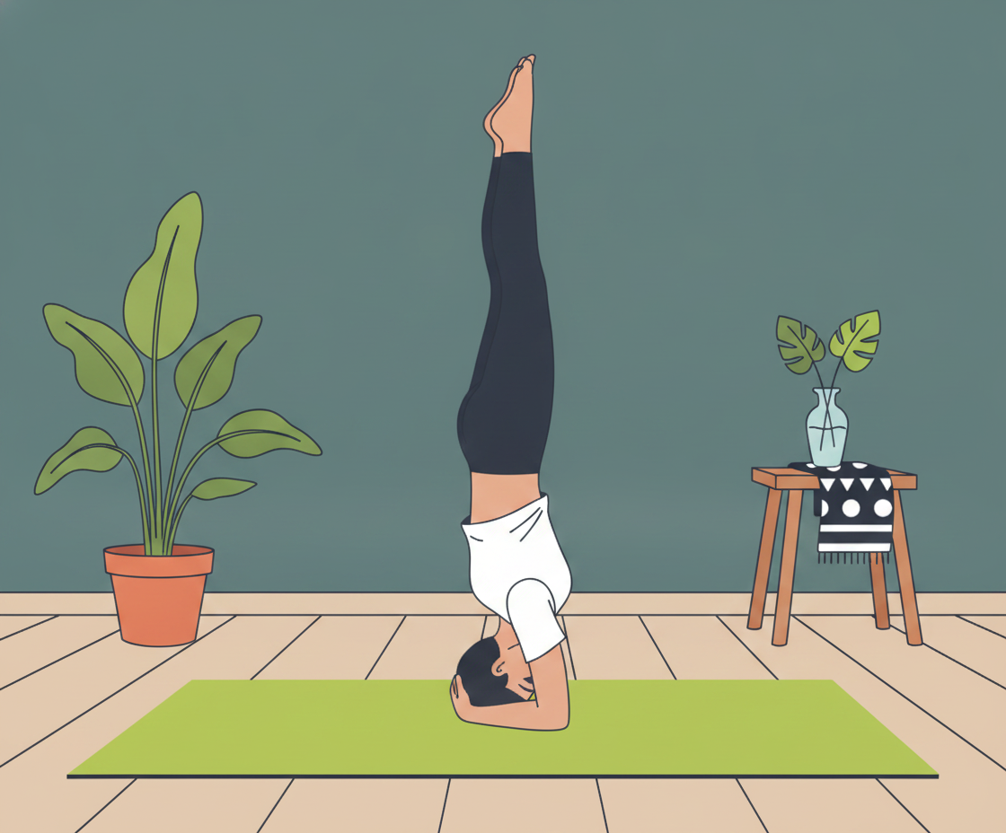 Illustration einer Person in Kopfstand (Sirsasana) auf einer Yogamatte mit fließenden Energielinien