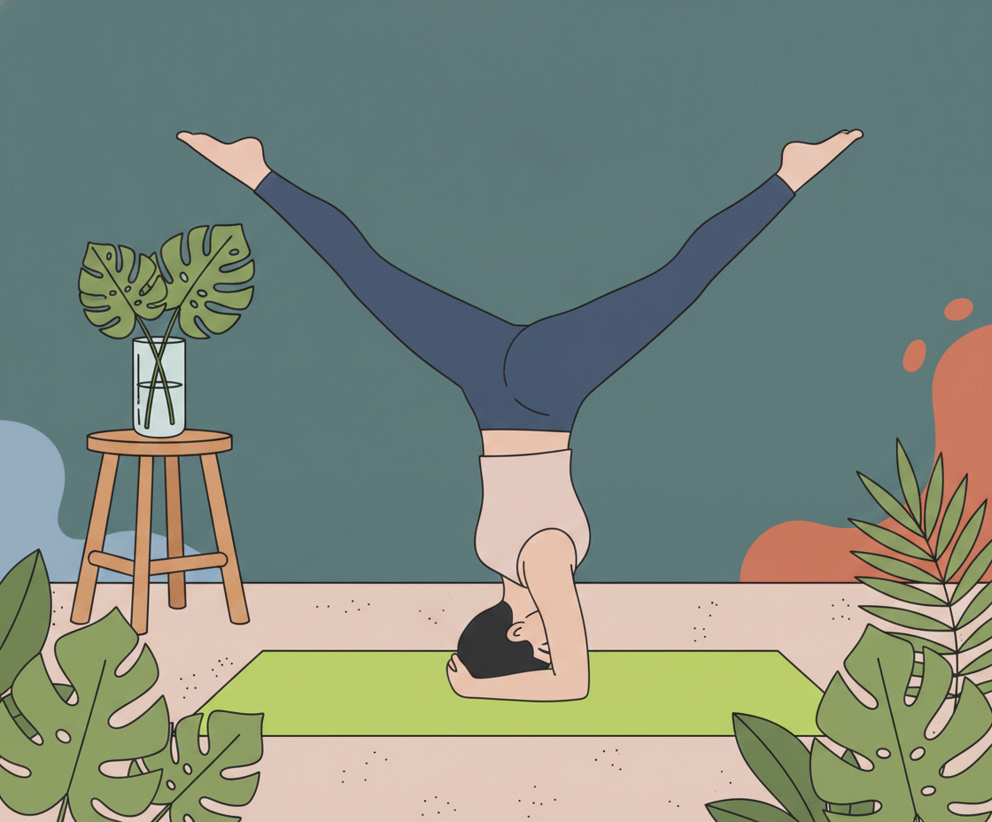 Illustration of a woman in Adho Mukha Vrksasana (Handstand) or Sirsasana (Headstand) with precise alignment