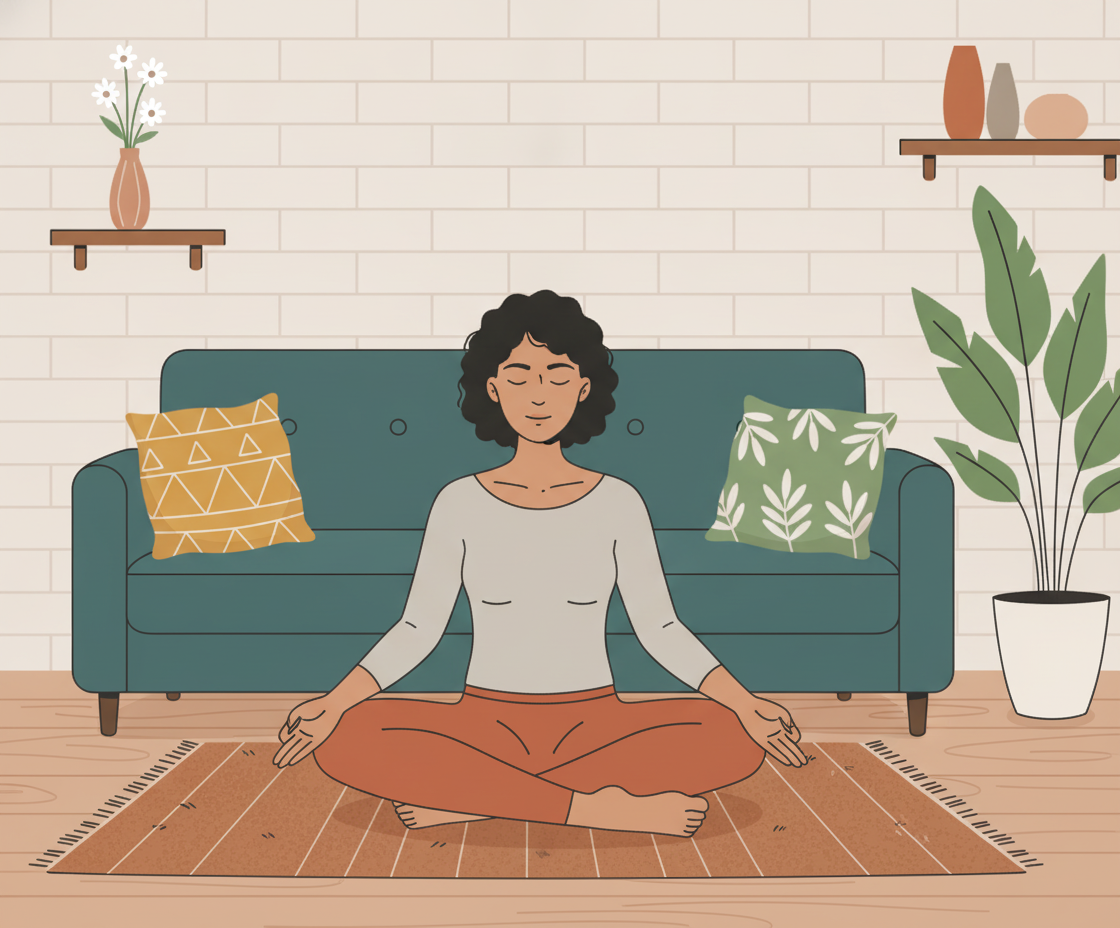 Stillleben: Meditationskissen neben einem Notizbuch mit Stift und einer Pflanze auf hellem Untergrund, natürliches Tageslicht durch Fenster