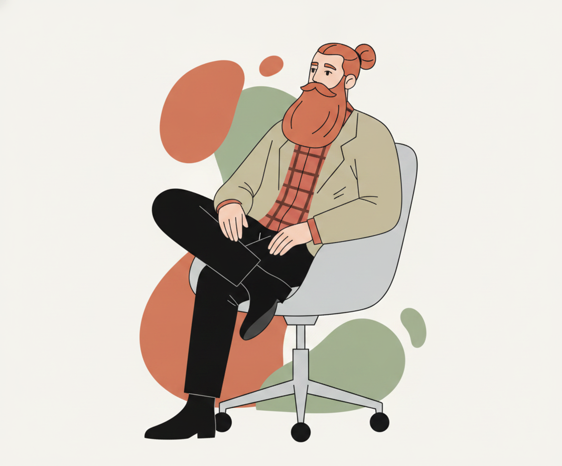 Illustration einer Person in Drehsitz-Variante (Ardha Matsyendrasana) auf einem Stuhl mit Fokus auf die Torsion und Erdung