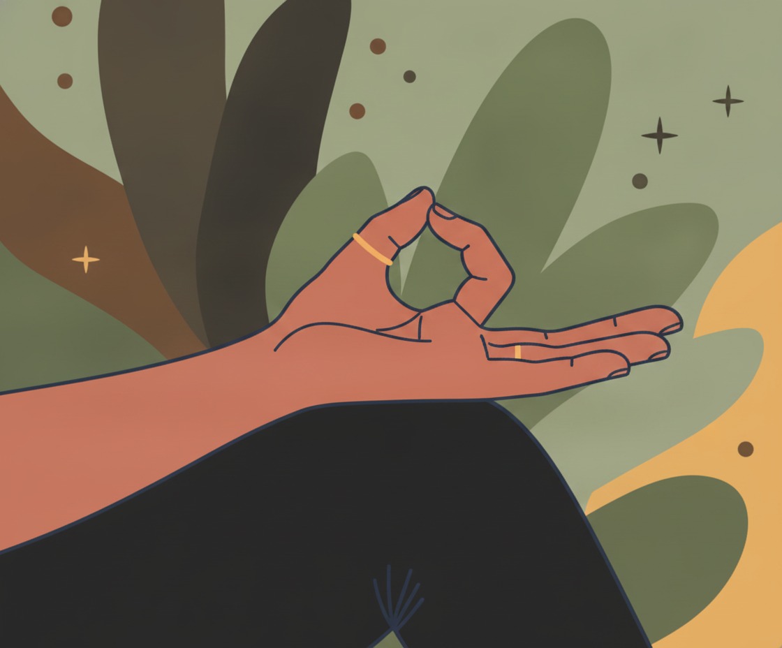 Brown hand in Gyan Mudra, two gold rings, on dark clothing. Abstract green, brown background with shapes, dots, stars.