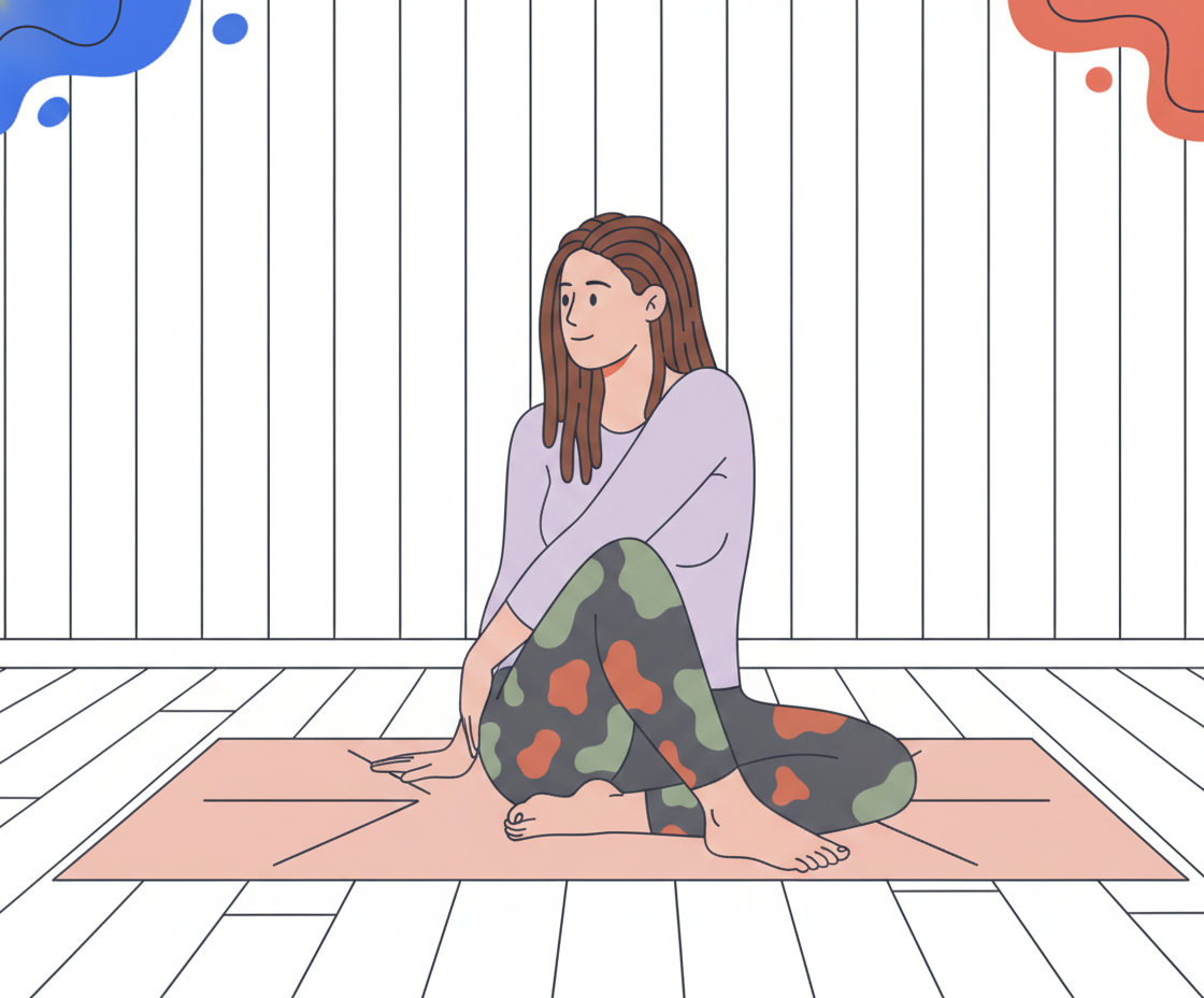 Illustration of a woman in a gentle seated twist (Ardha Matsyendrasana) on a yoga mat