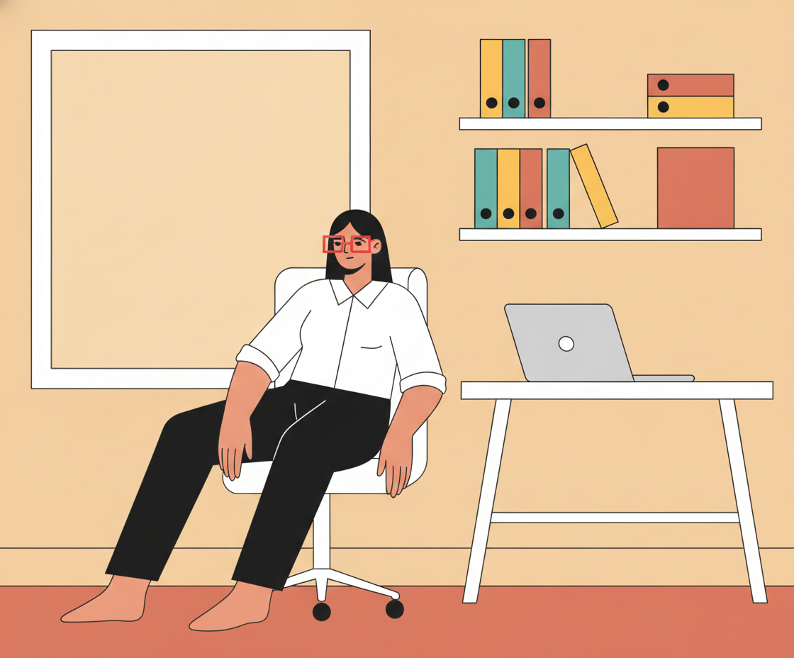 Illustration einer Frau in Business-Kleidung sitzt aufrecht auf einem Bürostuhl und praktiziert Stuhl-Yoga mit entspanntem Gesichtsausdruck