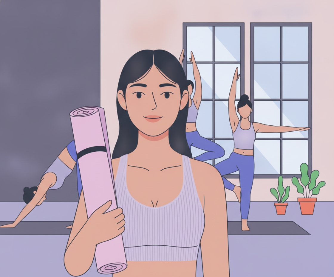 A smiling woman holds a pink yoga mat. Behind her, three women do yoga poses in a bright room with a large window and potted