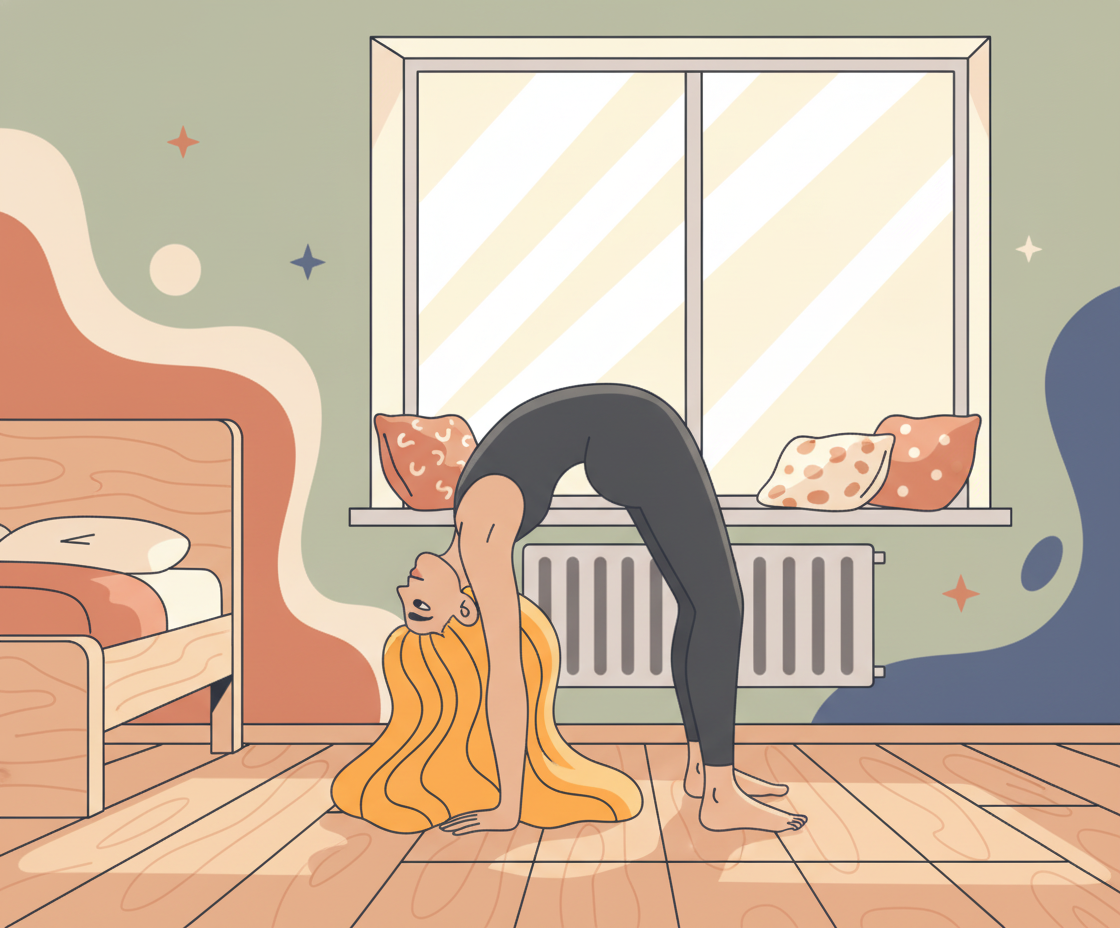 A woman in black activewear performs a backbend yoga pose, hands on wooden floor, long blonde hair spread. Room has a bed