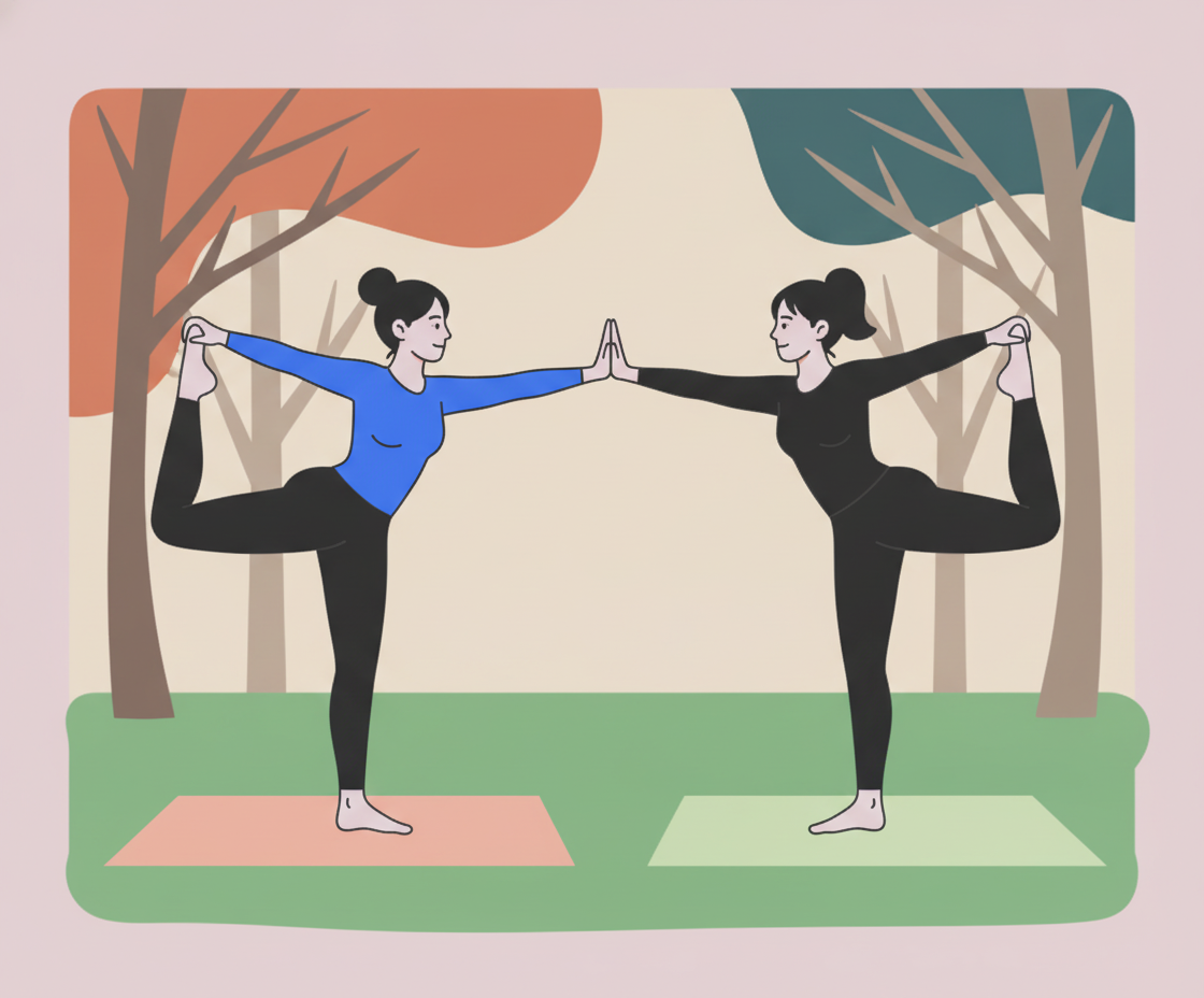 Illustration of a woman in Natarajasana (dancing Shiva pose) with flowing movements