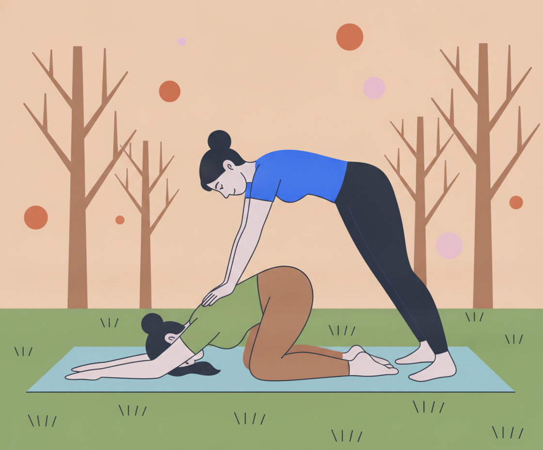 Illustration einer Person in Balasana-Pose auf einer Yogamatte, entspannt und erdend