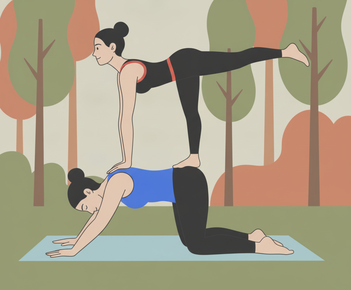 Illustration einer Frau in Adhomukha Shvanasana (Herabschauender Hund) auf Yogamatte in hellem Studio