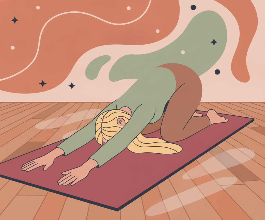 Illustration einer Person in Savasana-Liegehaltung auf Yogamatte, Chakren leuchtend entlang der Mittellinie