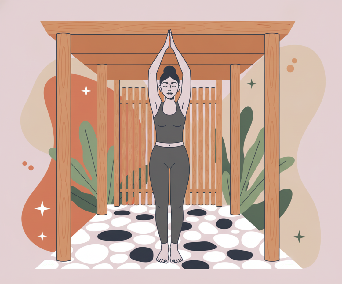 Illustration zeigt Frau in Tadasana-Standhaltung mit sichtbarer Körperachse und Energiefluss