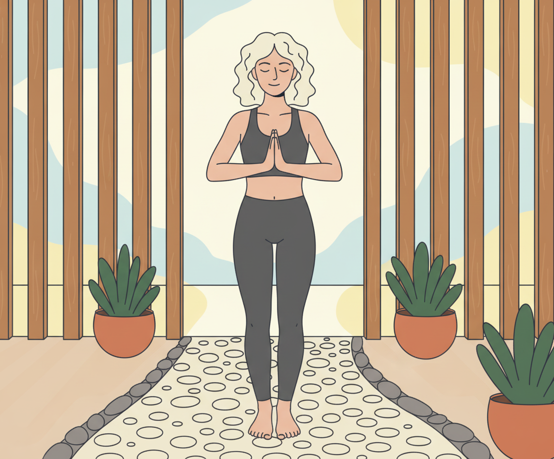 Illustration of a person practicing Tadasana (mountain pose) barefoot on a mat with a straight back and active arms