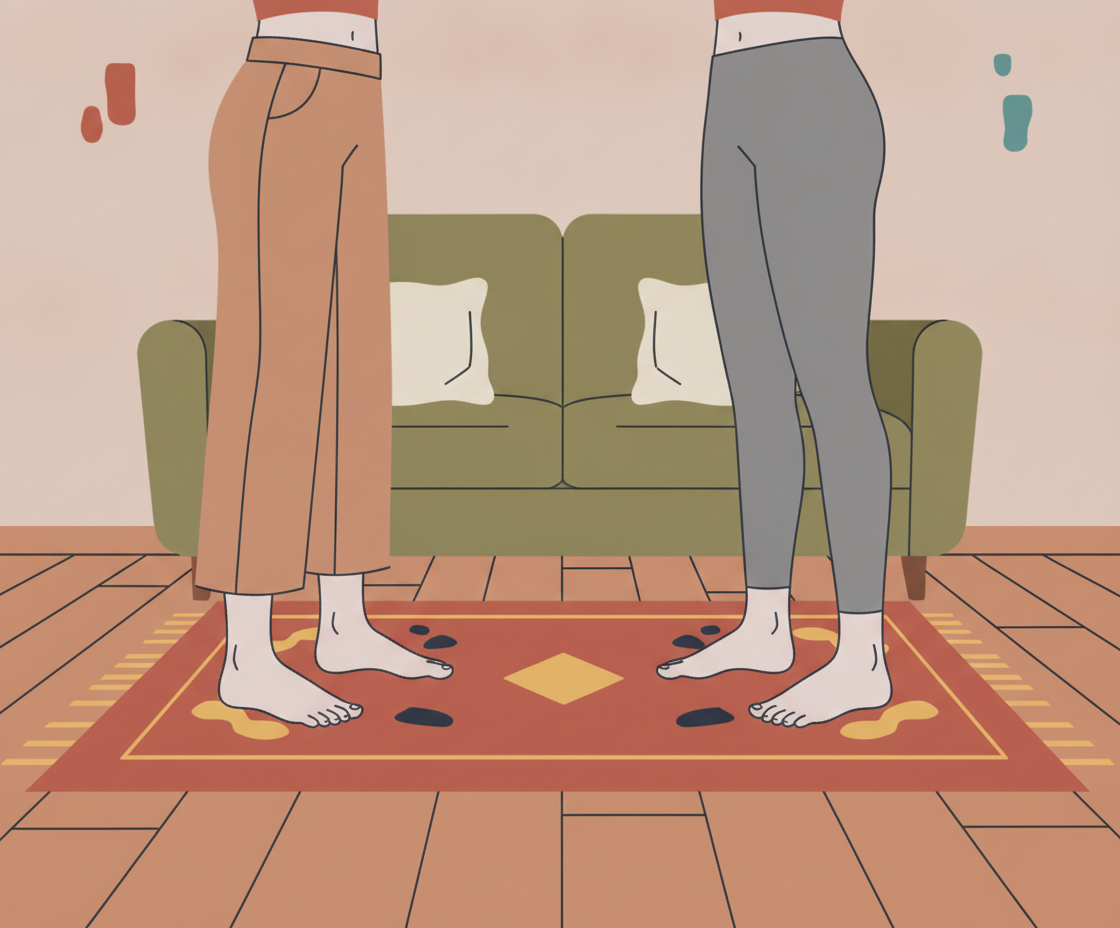 Two people stand barefoot, facing each other in a room. The person on the left wears brown pants, the person on the right