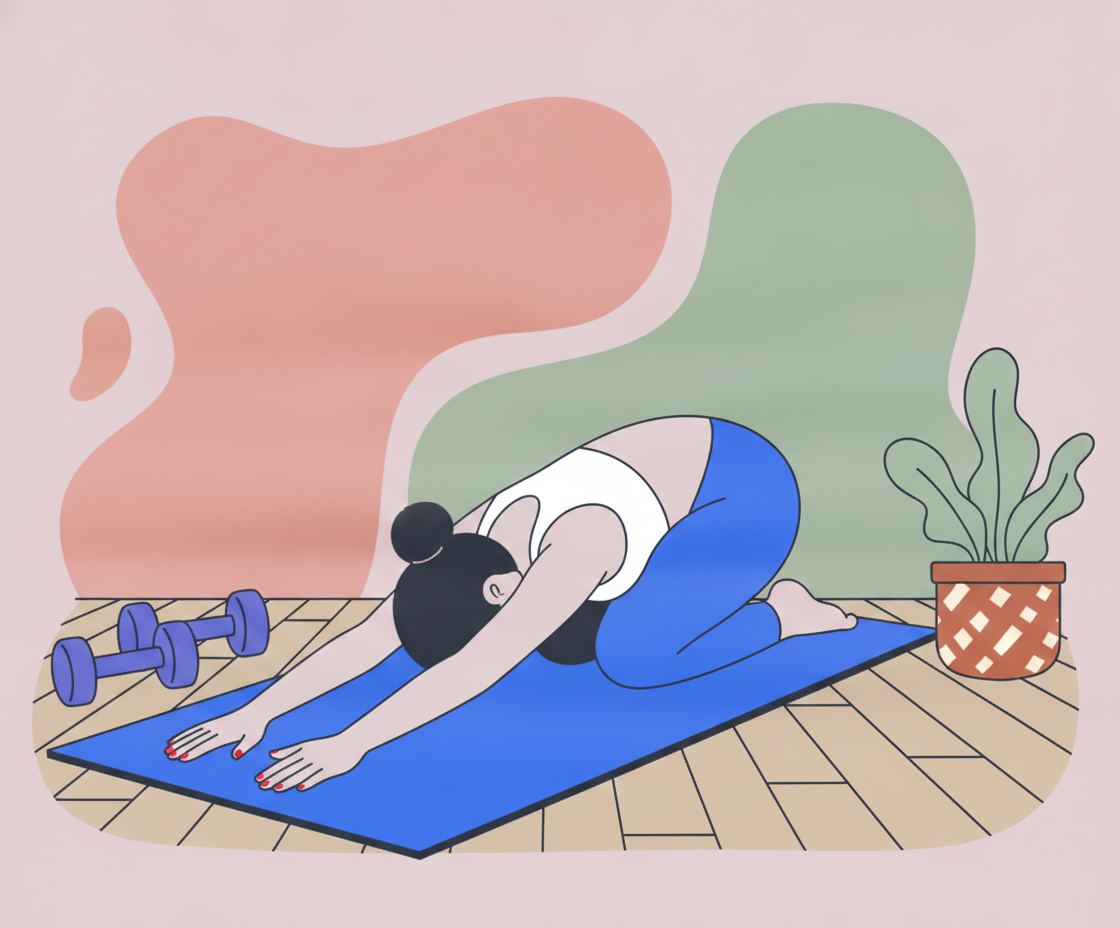 Illustration of a person in Balasana (Child's Pose) with a relaxed facial expression on the mat