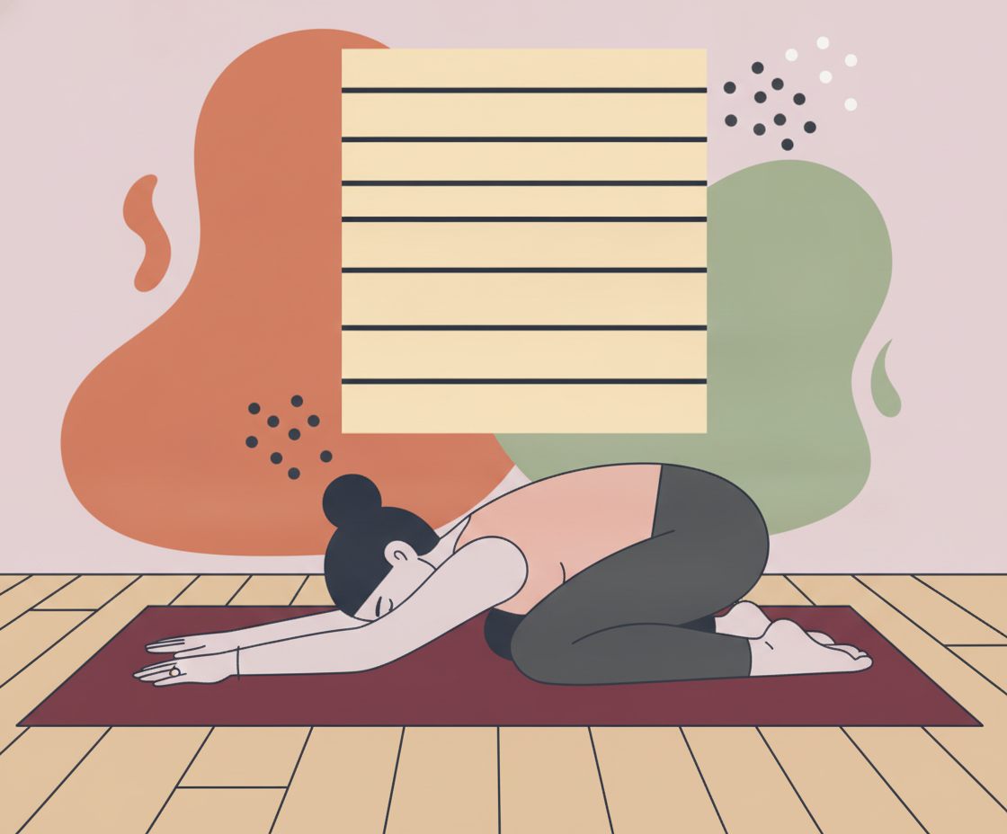 Illustration einer Person in Balasana (Kindhaltung) in ruhiger Yoga-Studioumgebung mit natürlichem Licht